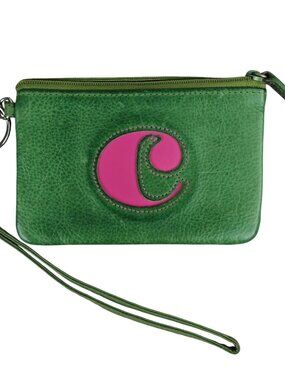 Rolfs Genuine Leather Green Coin Purse Change Wallet w/ Pink Initial C Monogram